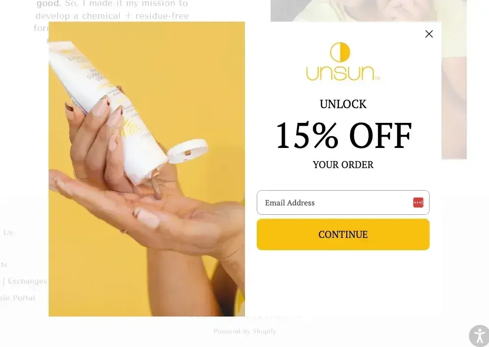 website pop-up examples: unsun cosmetics