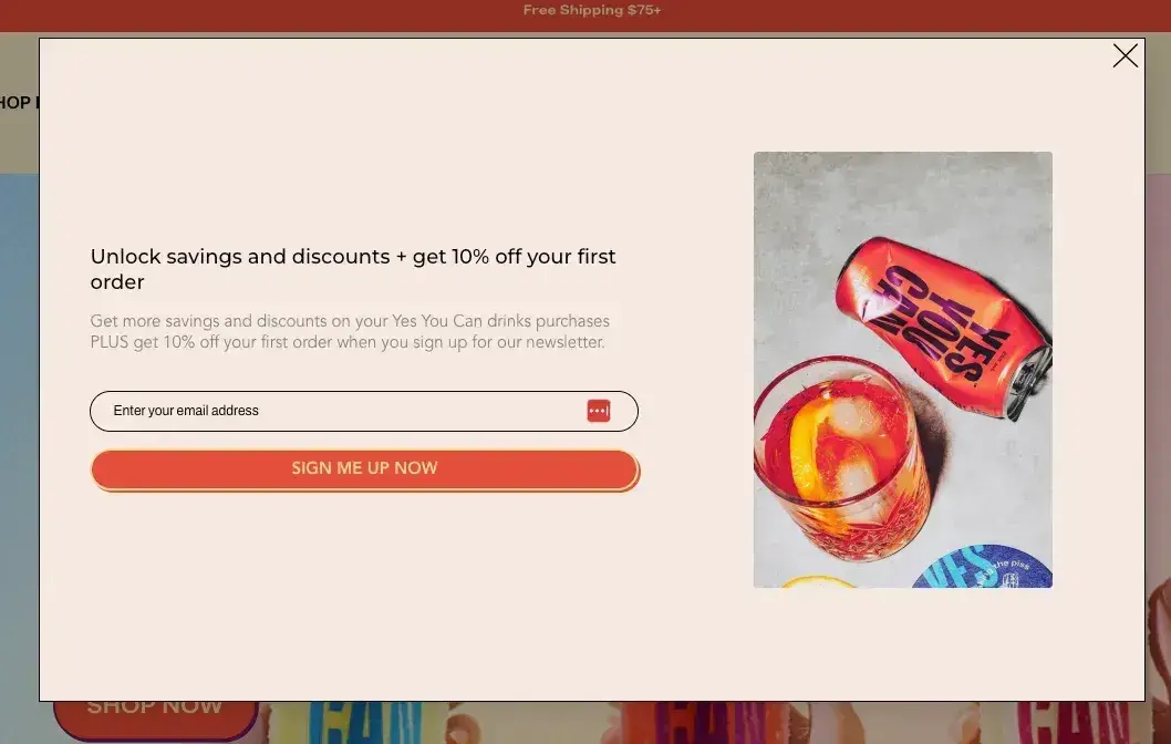 website pop-up examples: yes you can drinks