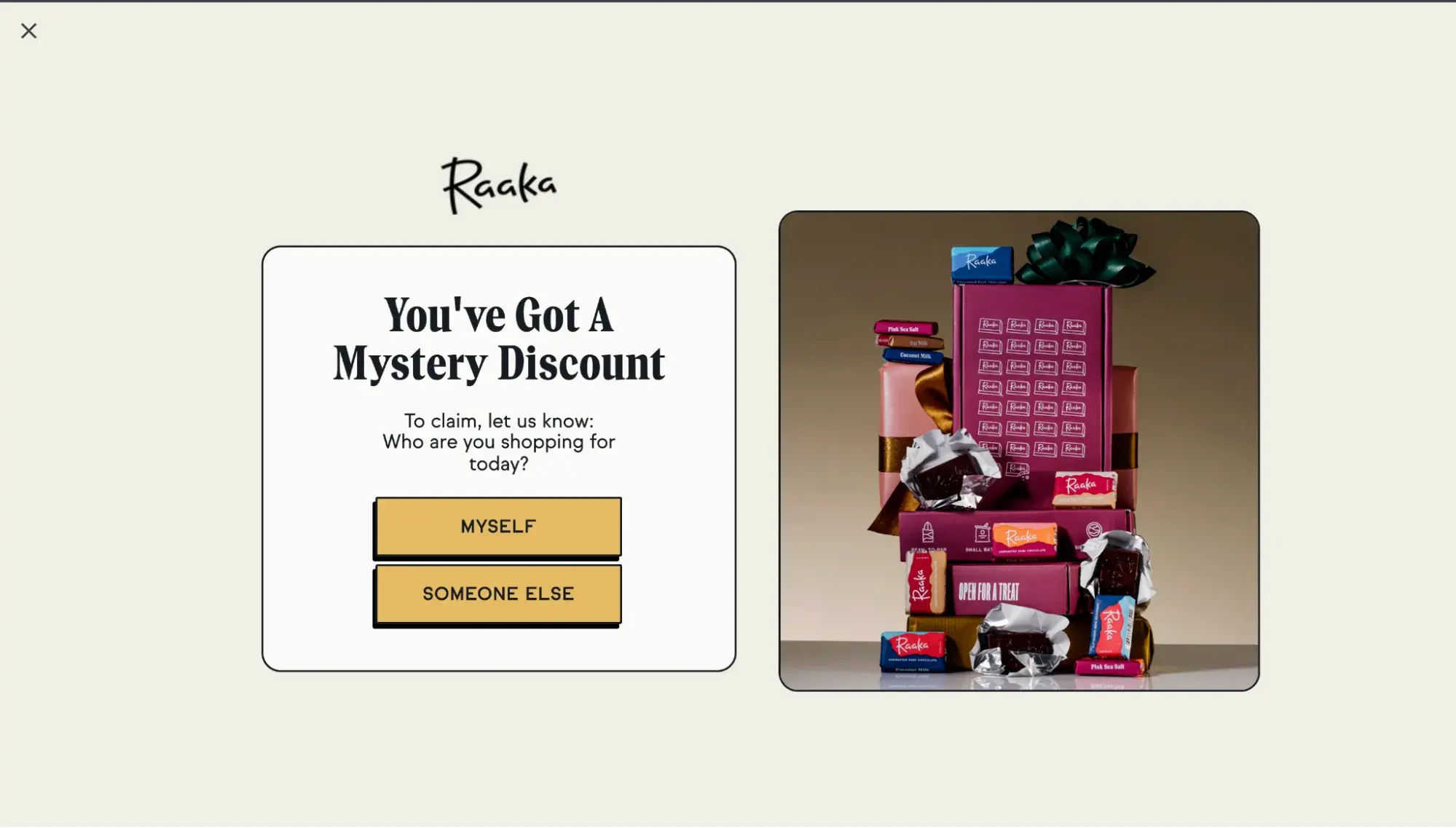 website pop-up examples: raaka