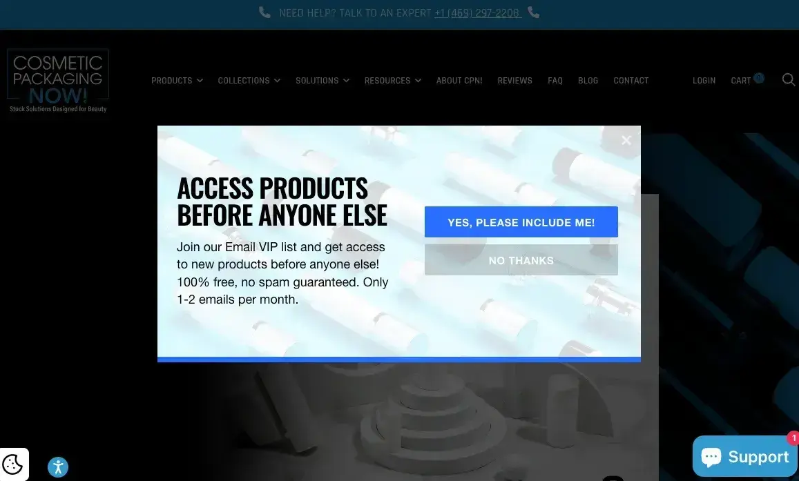 website pop-up examples: cosmetic packaging now