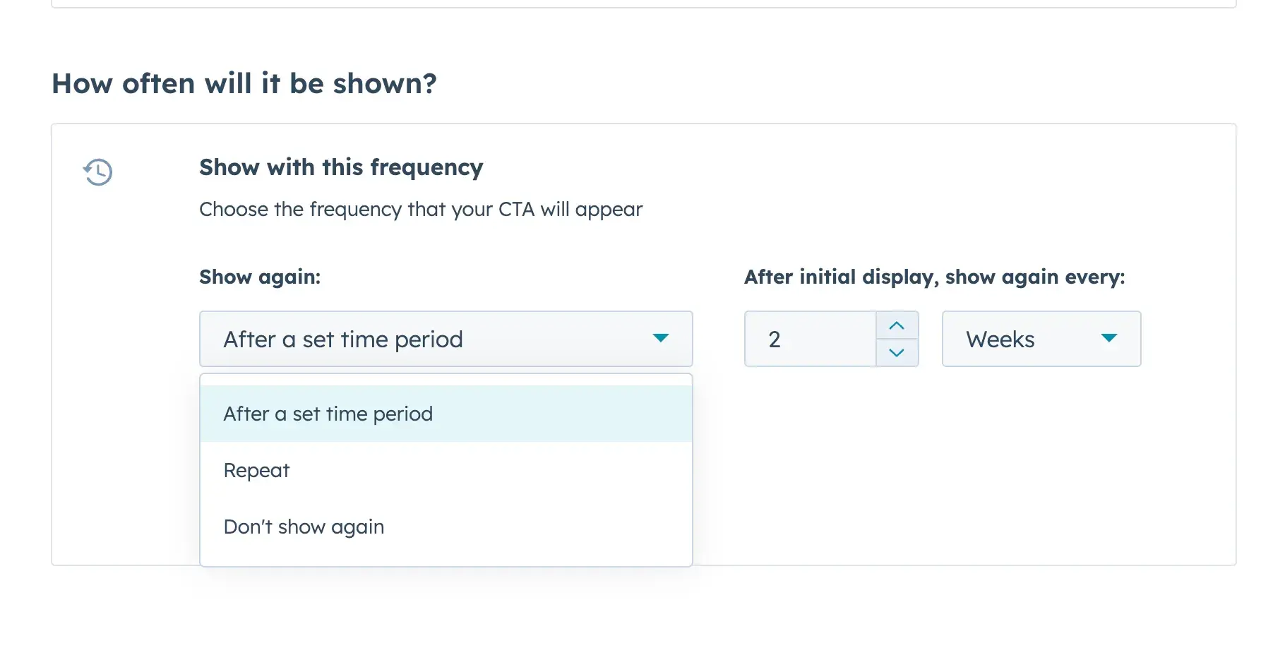 hubspot screenshot showing settings for pop-up that reads “show with this frequency” with frequency options