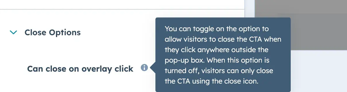 hubspot screenshot showing cta settings “can close on overlay click”