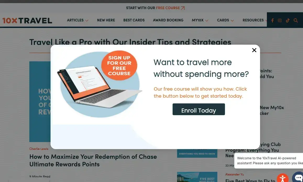 website pop-up examples: 10xtravel