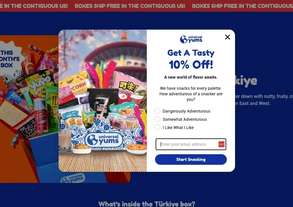 website pop-up examples: universal yums