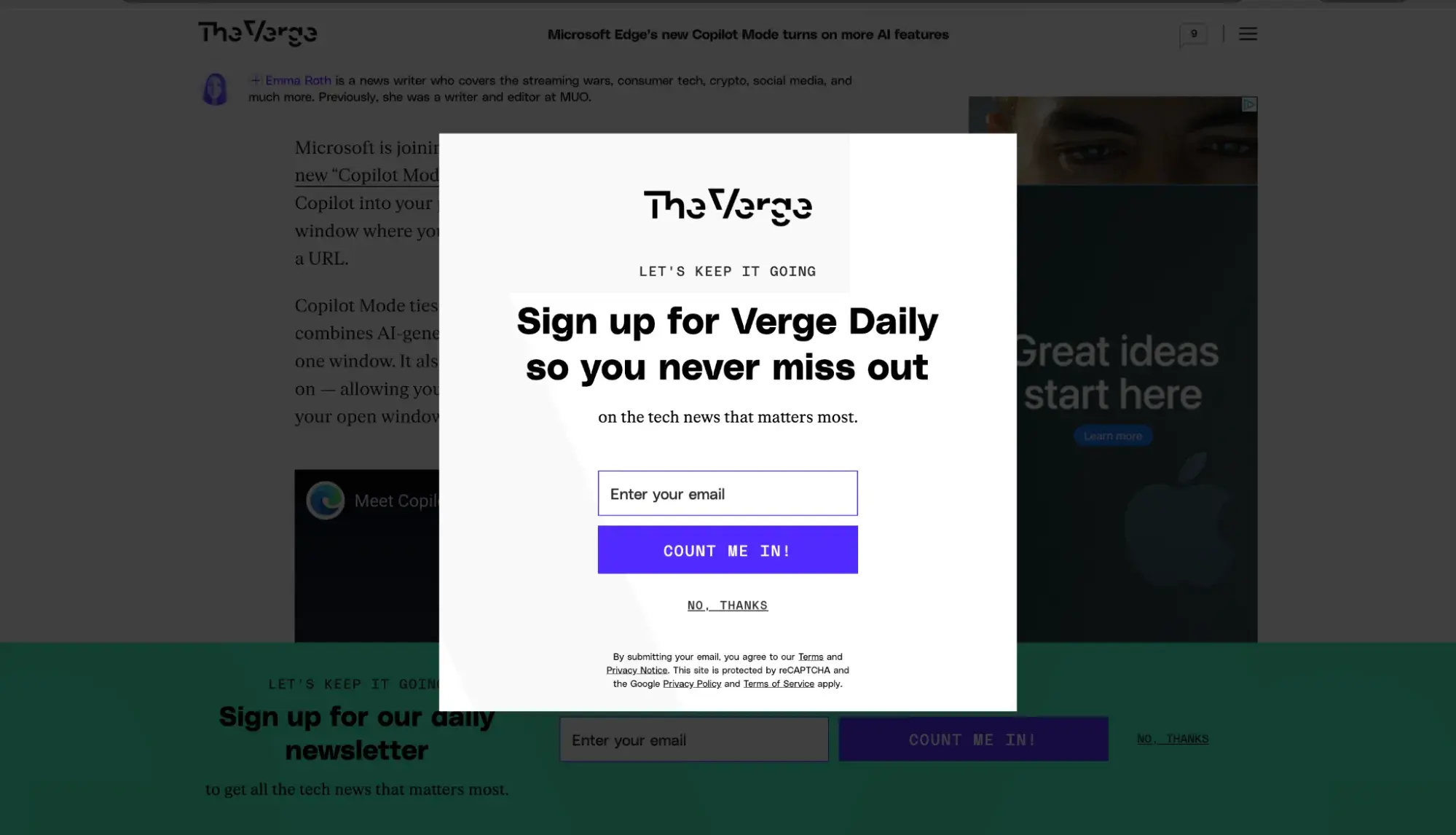 website pop-up examples: the verge