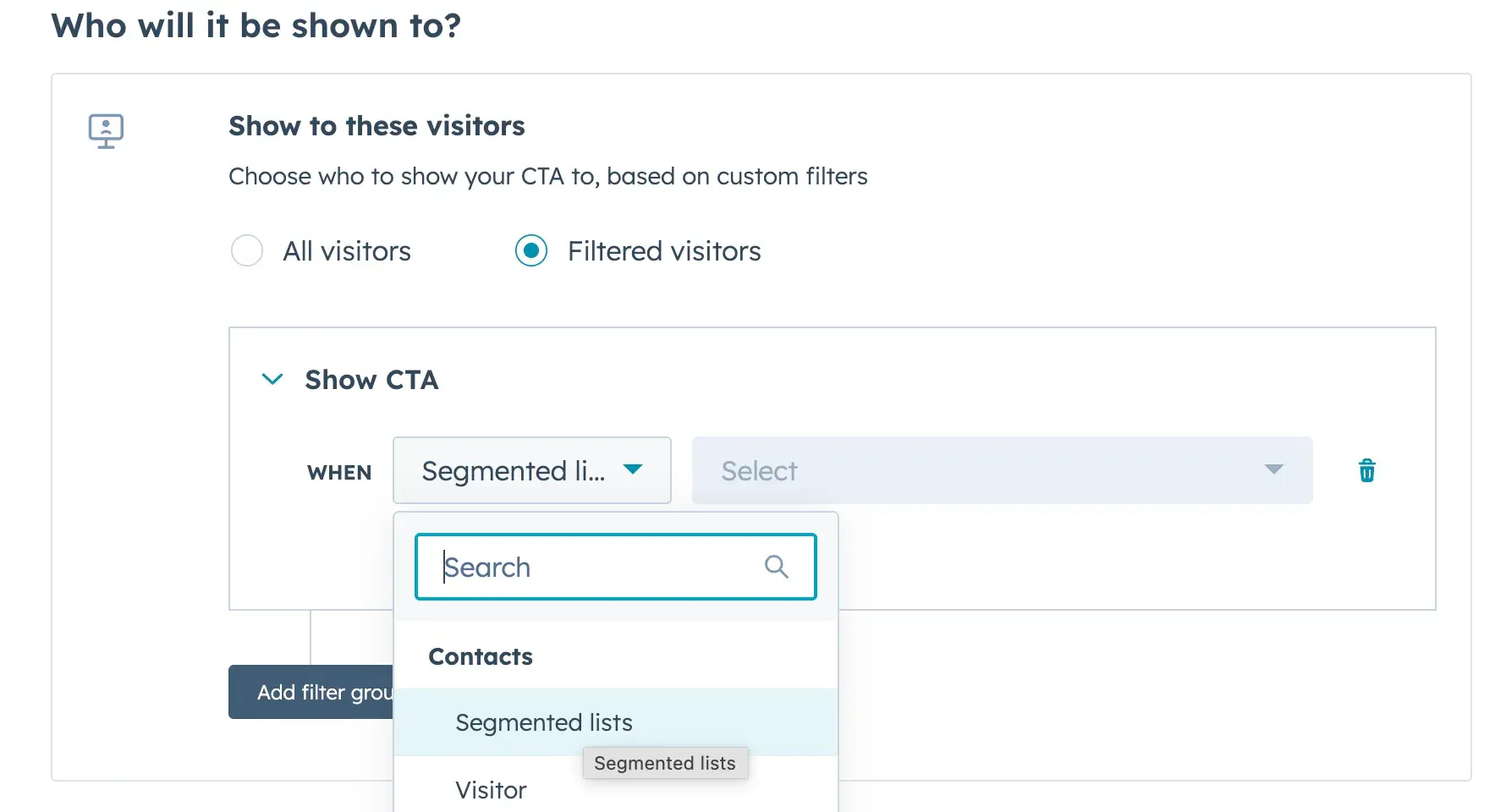 hubspot screenshot of cta settings “show to these visitors”