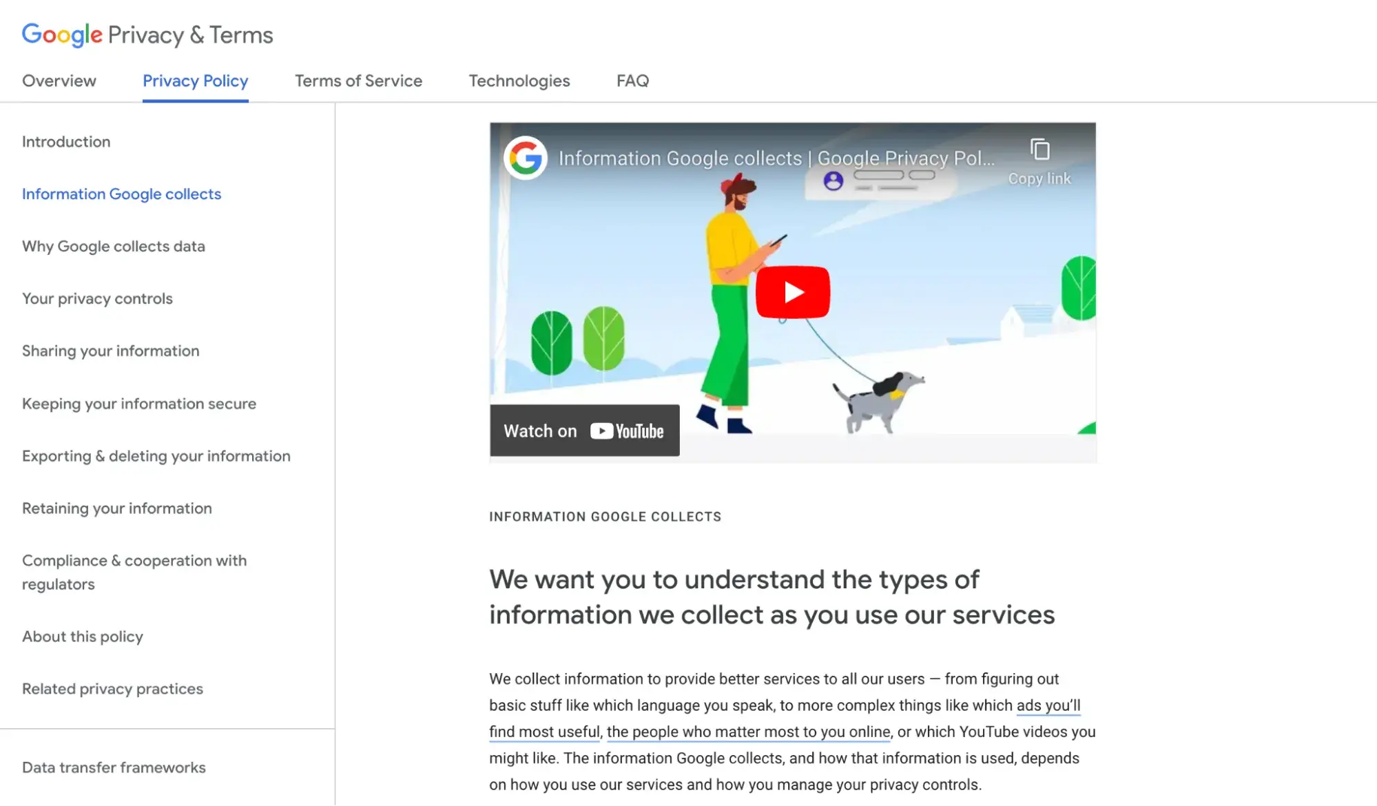 Googles privacy policy for website 