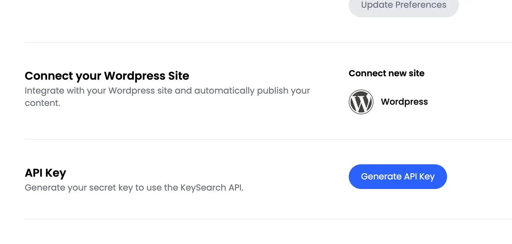 keysearch “connect your wordpress site” and generate api key