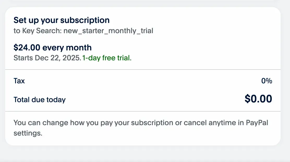 keysearch checkout screen for free trial