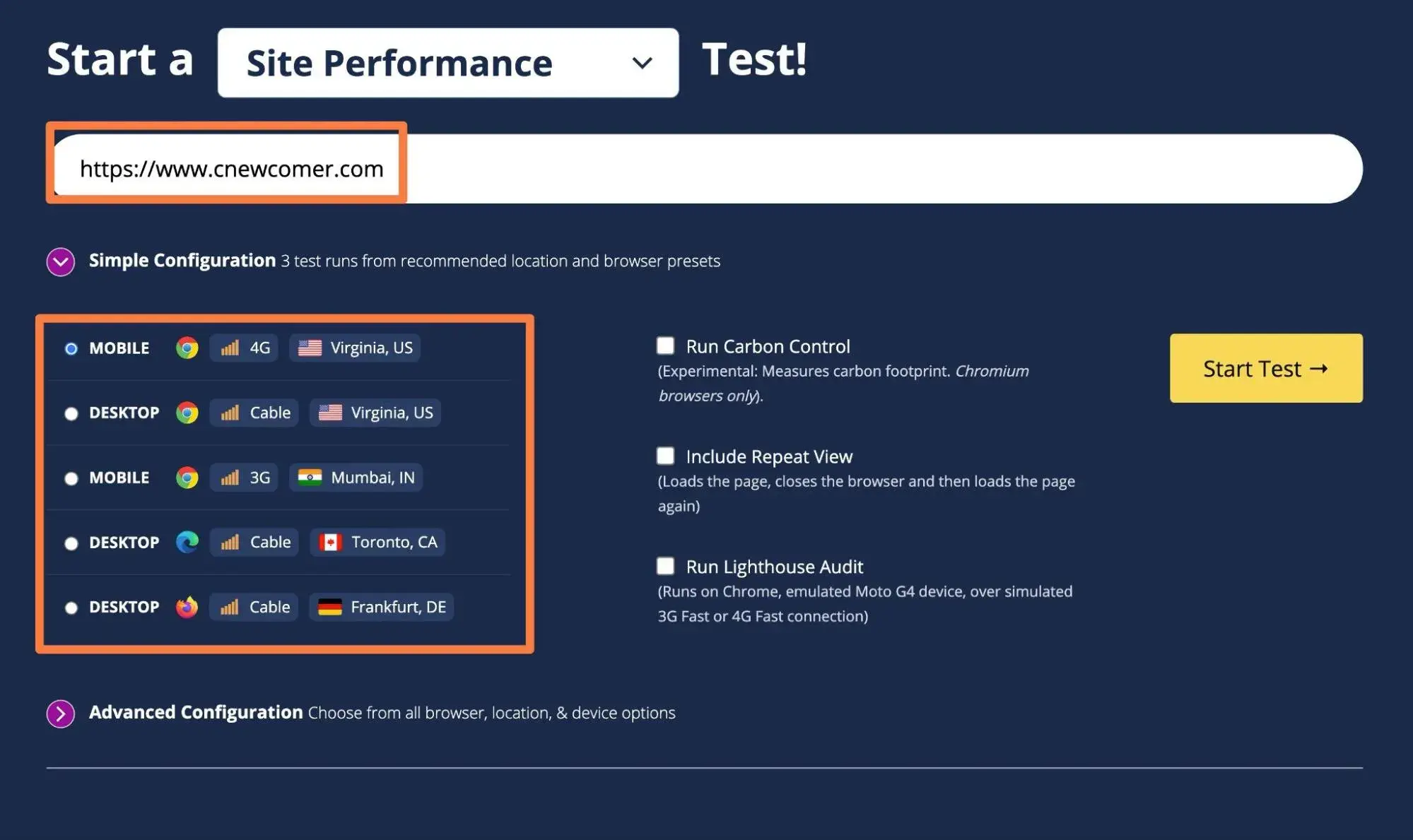 how to run a website speed test using a simple configuration.