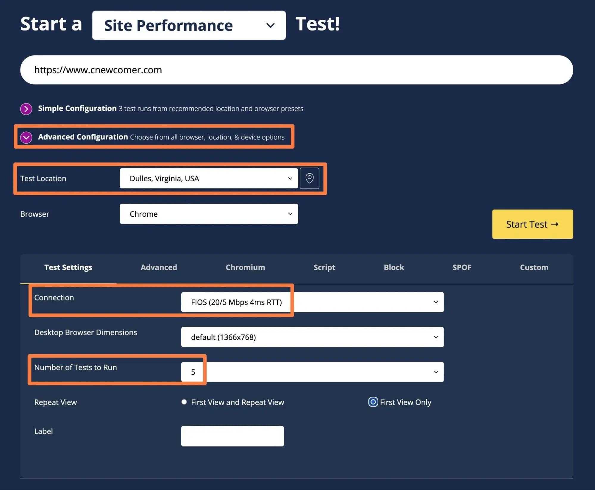 how to run a website speed test with a custom configuration.