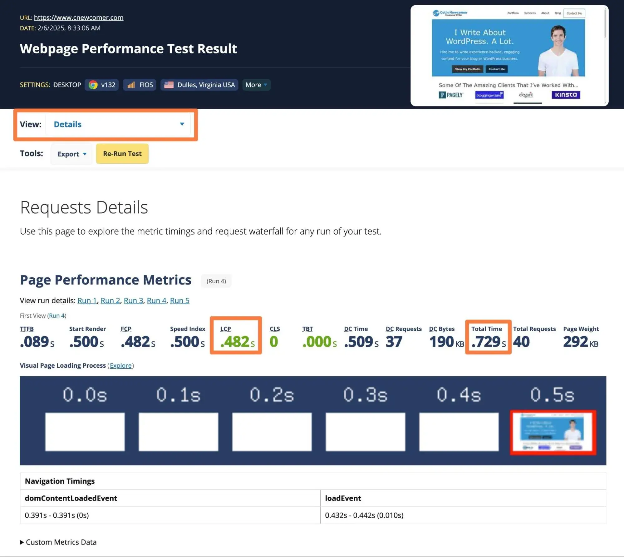 how to view more advanced data about website speed.