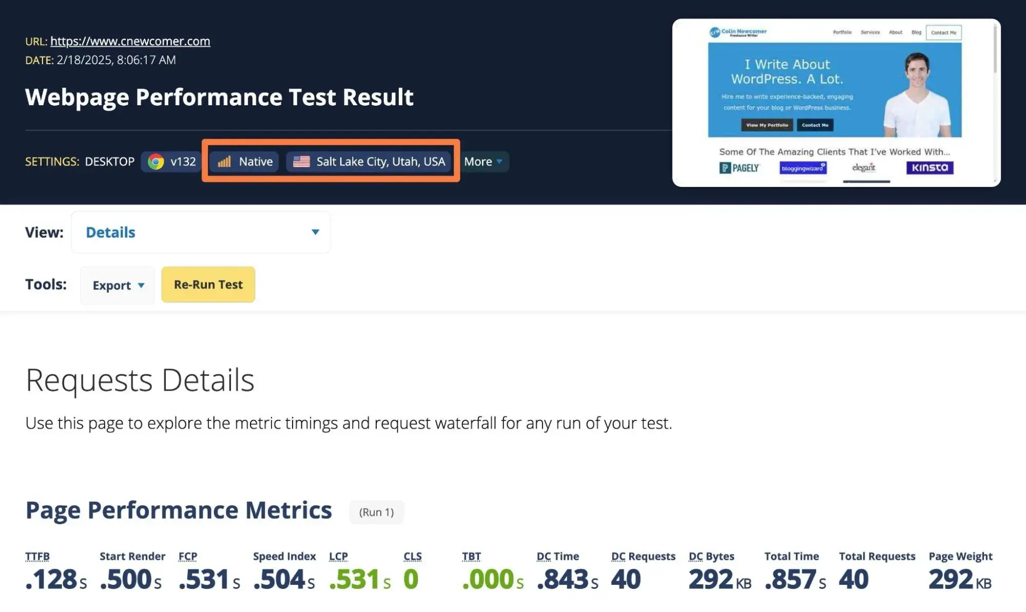 a website speed test using a fast usa configuration.
