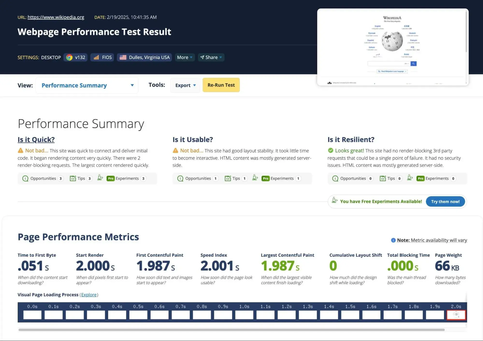an example of the performance results from the webpagetest tool.