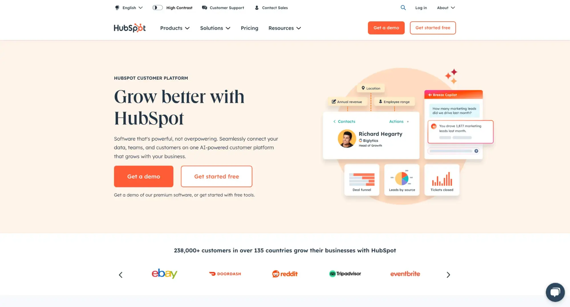 website typography: hubspot’s homepage with two font families