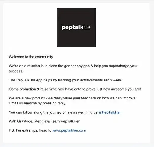 welcome email example from peptalkher