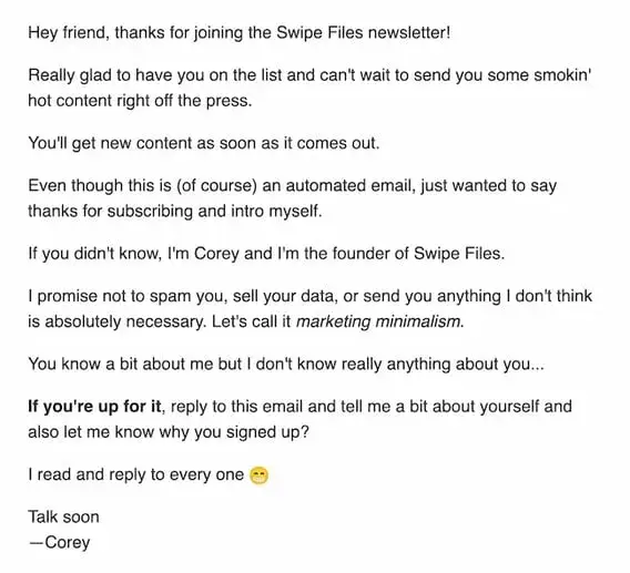 welcome email example from swipe files