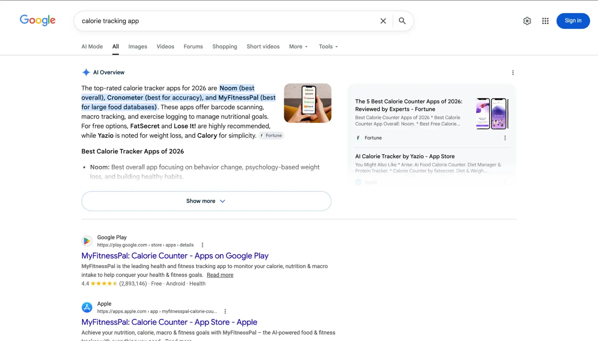 Google AI Overview for the non-branded query “calorie tracking app” recommending Noom and MyFitnessPal as top picks for 2026