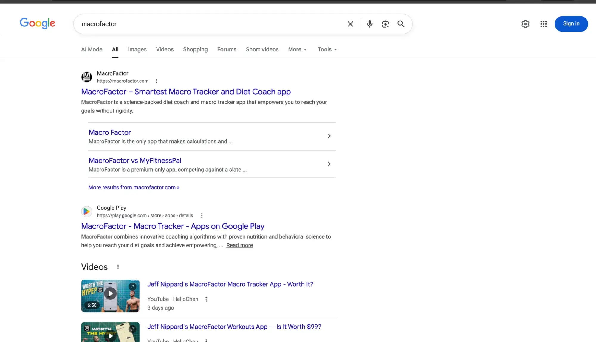 Google search results for the branded query “macrofactor” showing the MacroFactor website at the top with no AI Overview displayed