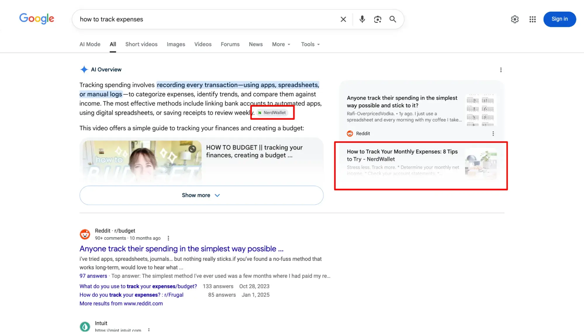 Google AI Overview for “how to track expenses” citing NerdWallet twice, demonstrating what AI Overviews mean for SEO when a single site wins multiple AIO citations