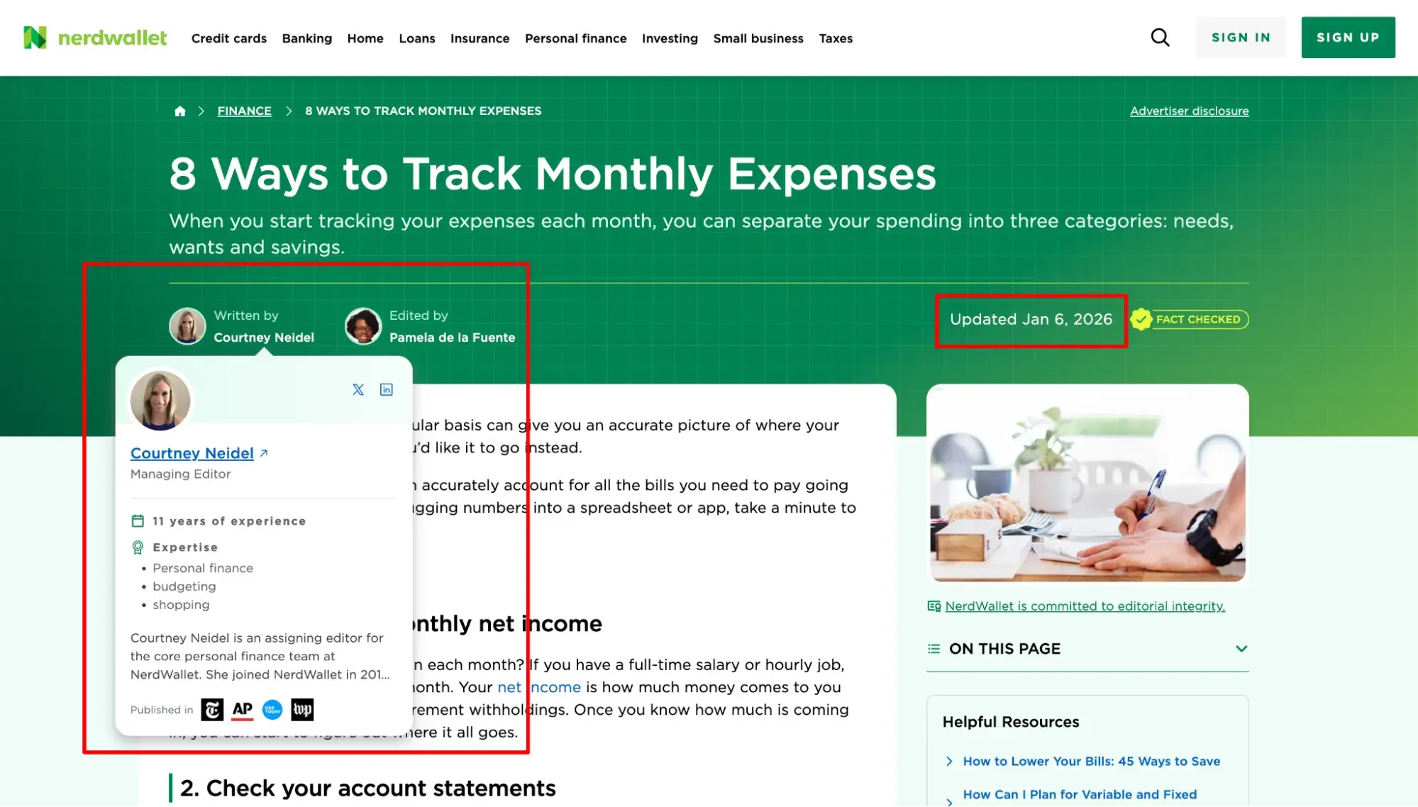 NerdWallet article on tracking monthly expenses showing an expanded author bio pop-up for Courtney Neidel and a visible “Updated Jan 6, 2026” date — EEAT signals that help win AI Overviews