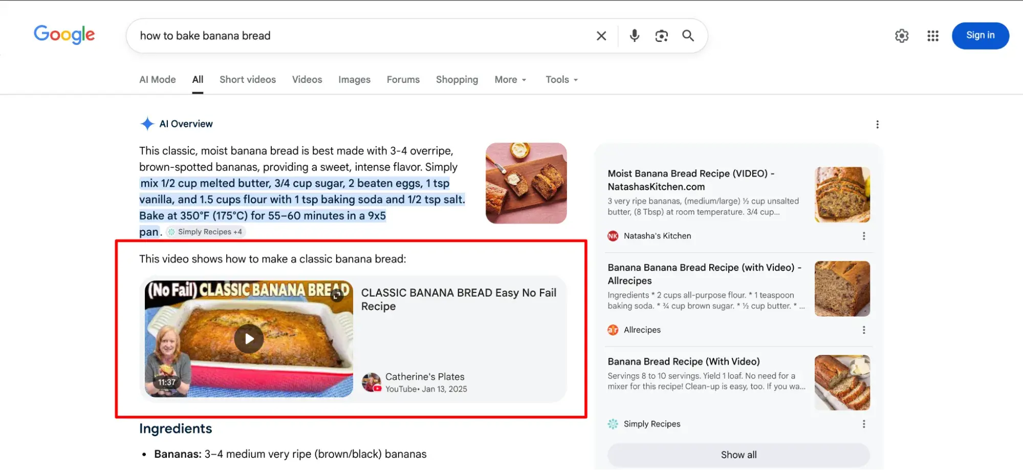Google AI Overview for “how to bake banana bread” featuring an embedded YouTube video alongside a written recipe summary