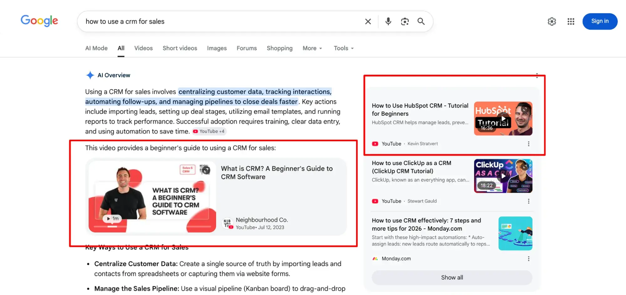 Google AI Overview for “how to use a crm for sales” surfacing two YouTube videos 