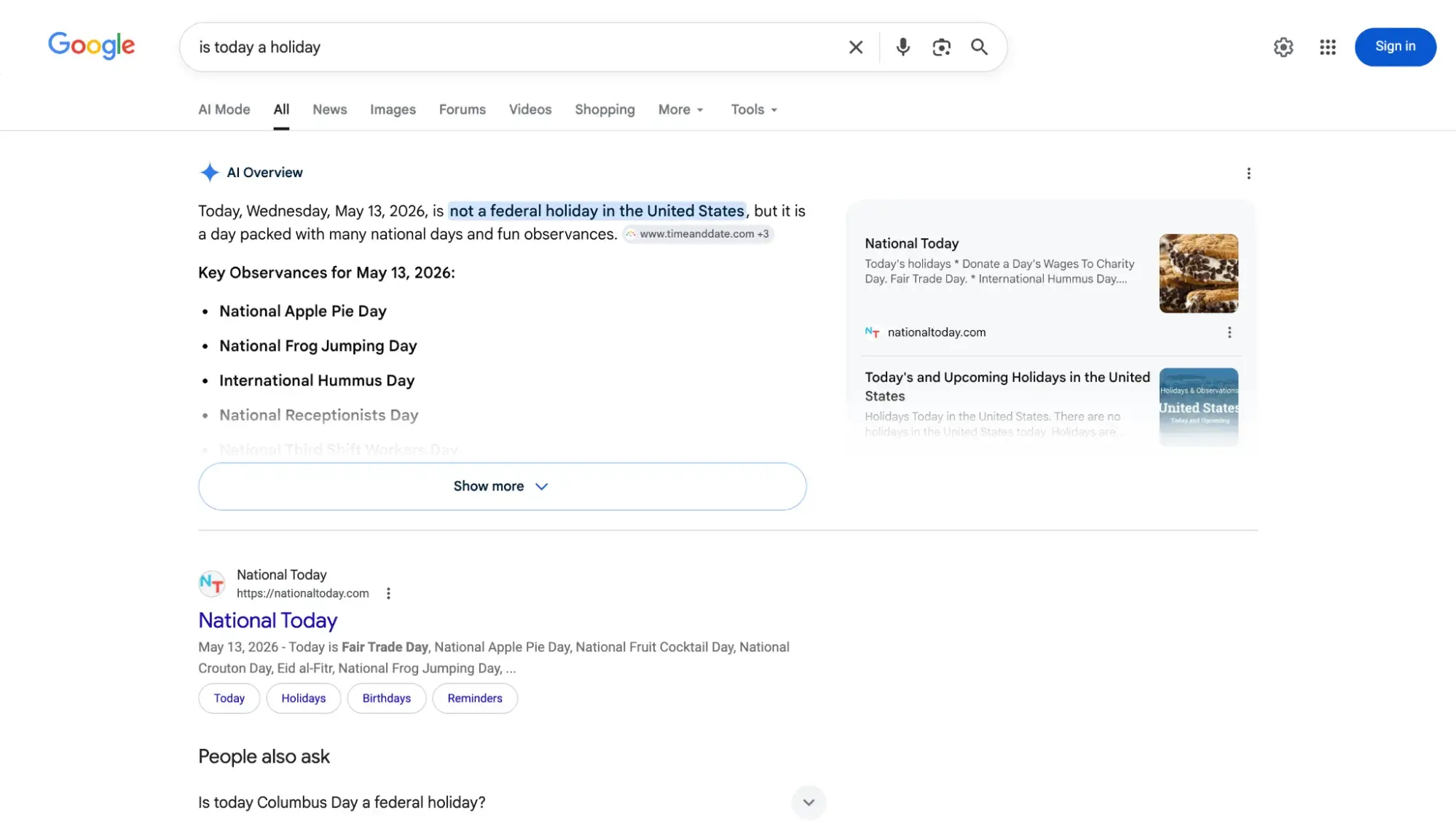 Google AI Overview answering the question query “is today a holiday” with key observances listed for May 13, 2026
