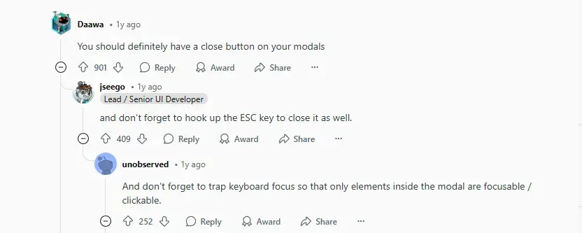 larger number of reddit users giving positive opinion about having close buttons in modals