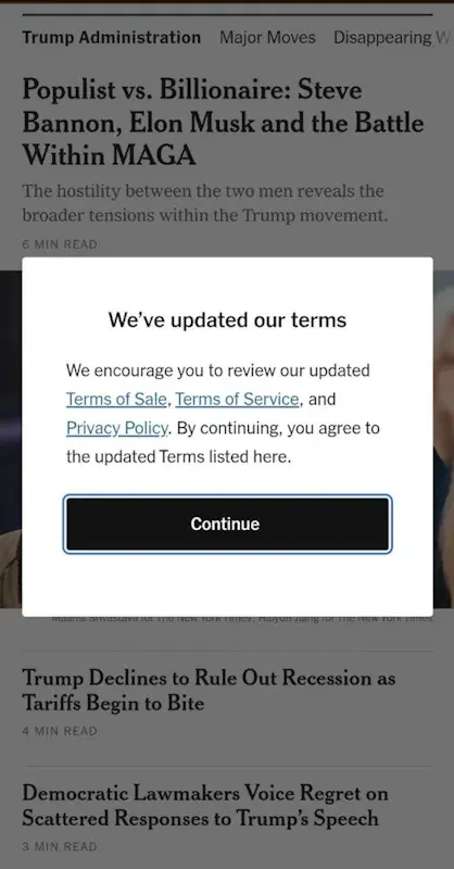 the new york times newspaper used a modal window on a phone.