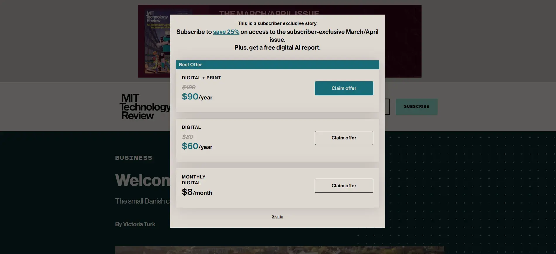what is a modal in programming - example of a popup modal on mit technology review website