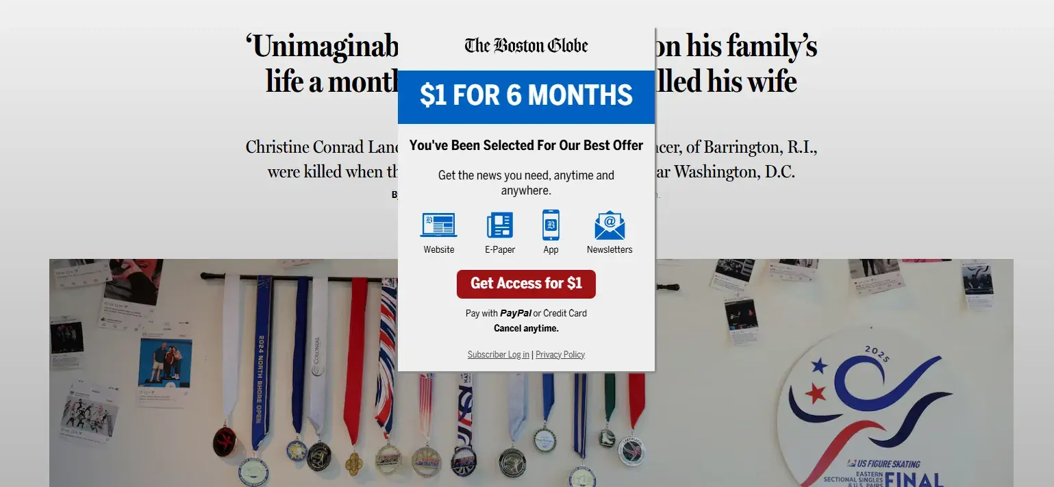boston globe using a subscription modal window
