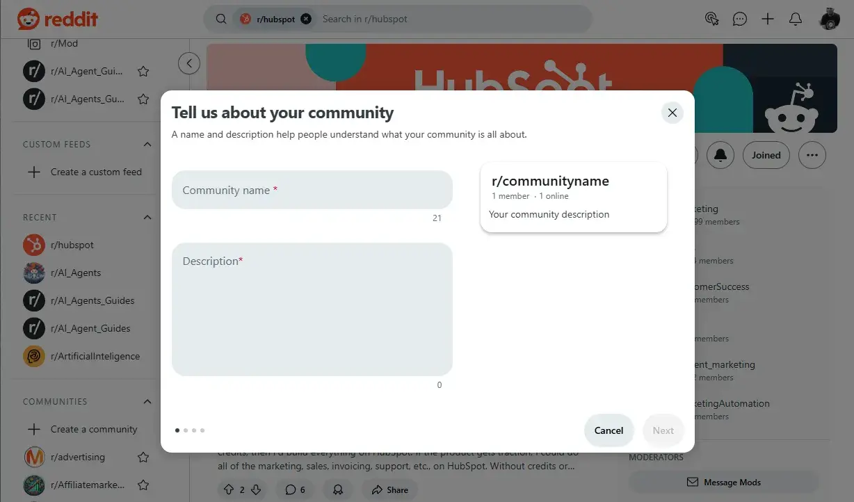 reddit using a multi-process modal window to allow user to create a new community