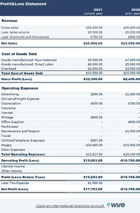 profit and loss statement example