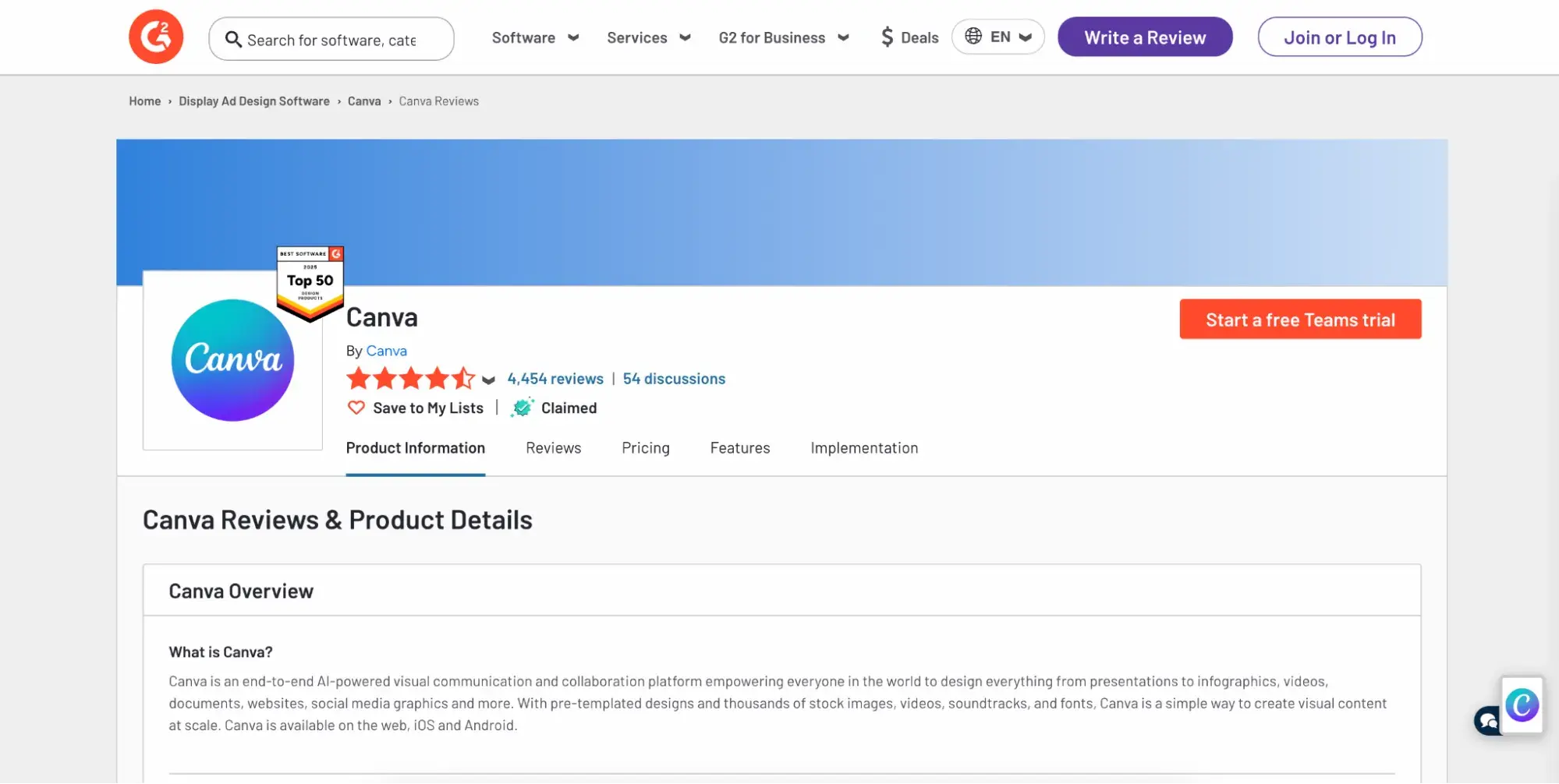 screenshot of canvas product review page on g2