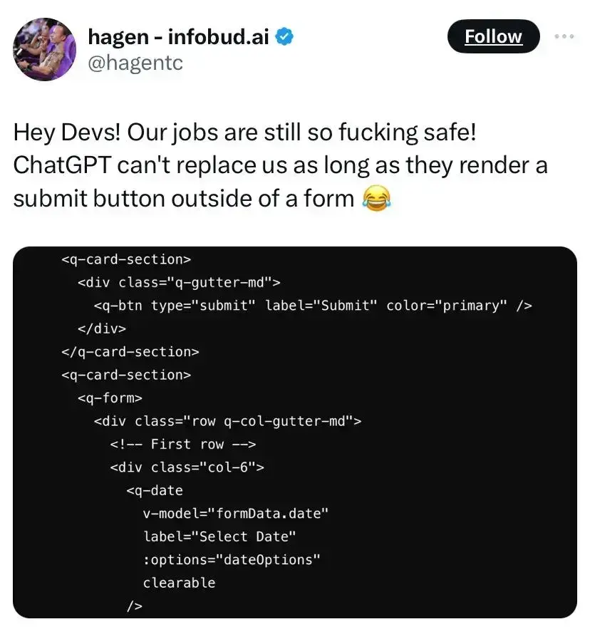 screenshot of x tweet about developer jobs still being safe from ai.