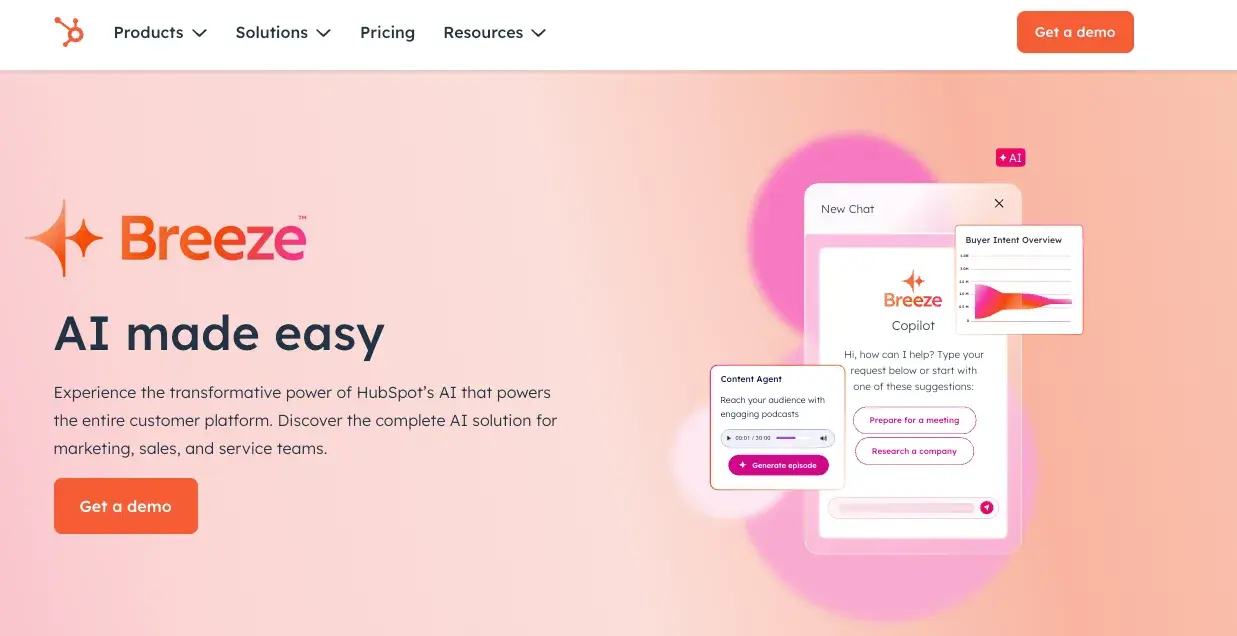 screen shot of hubspots breeze suite of ai tools.