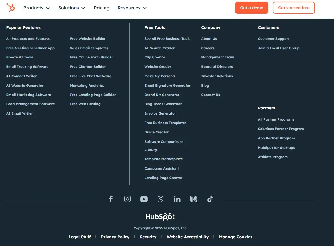 hubspots footer is excellently done, with social media icons in the footer.