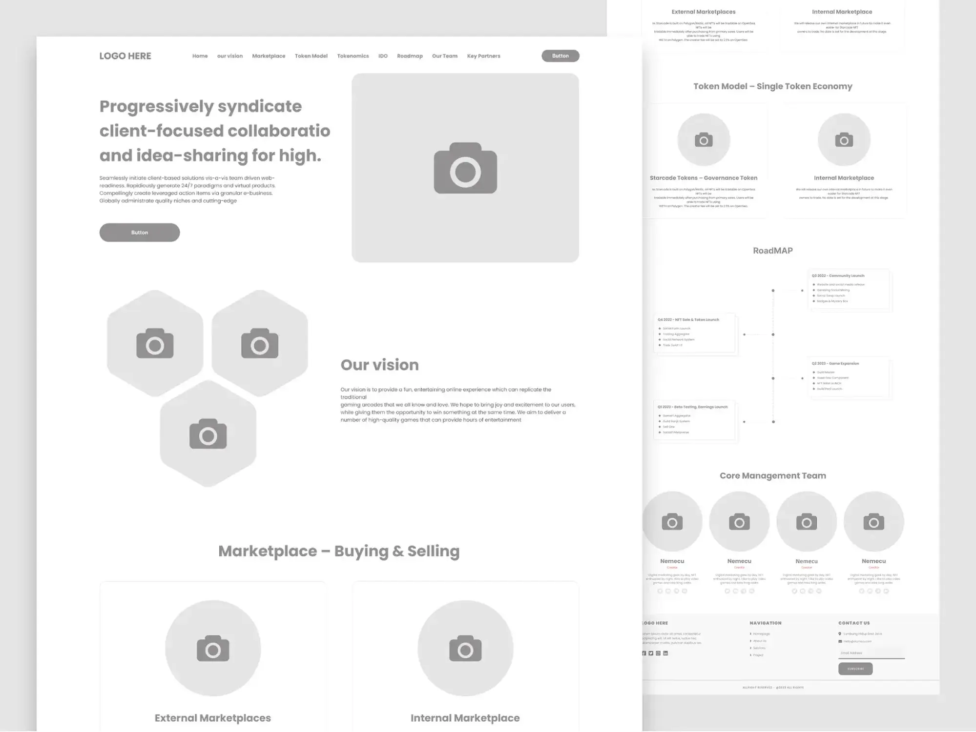 wireframes at medium fidelity showing a homepage layout with placeholder text, labeled navigation, hero area, and team section