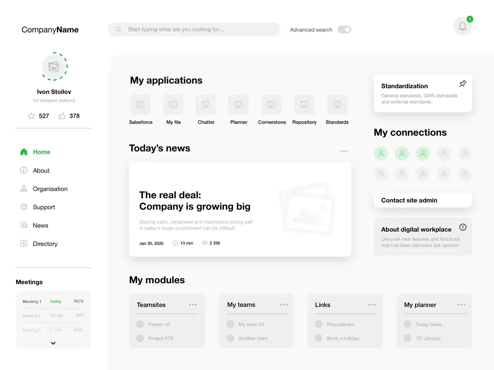 wireframes at high fidelity showing an intranet dashboard with sidebar navigation, news feed, meeting schedule, and modular content blocks