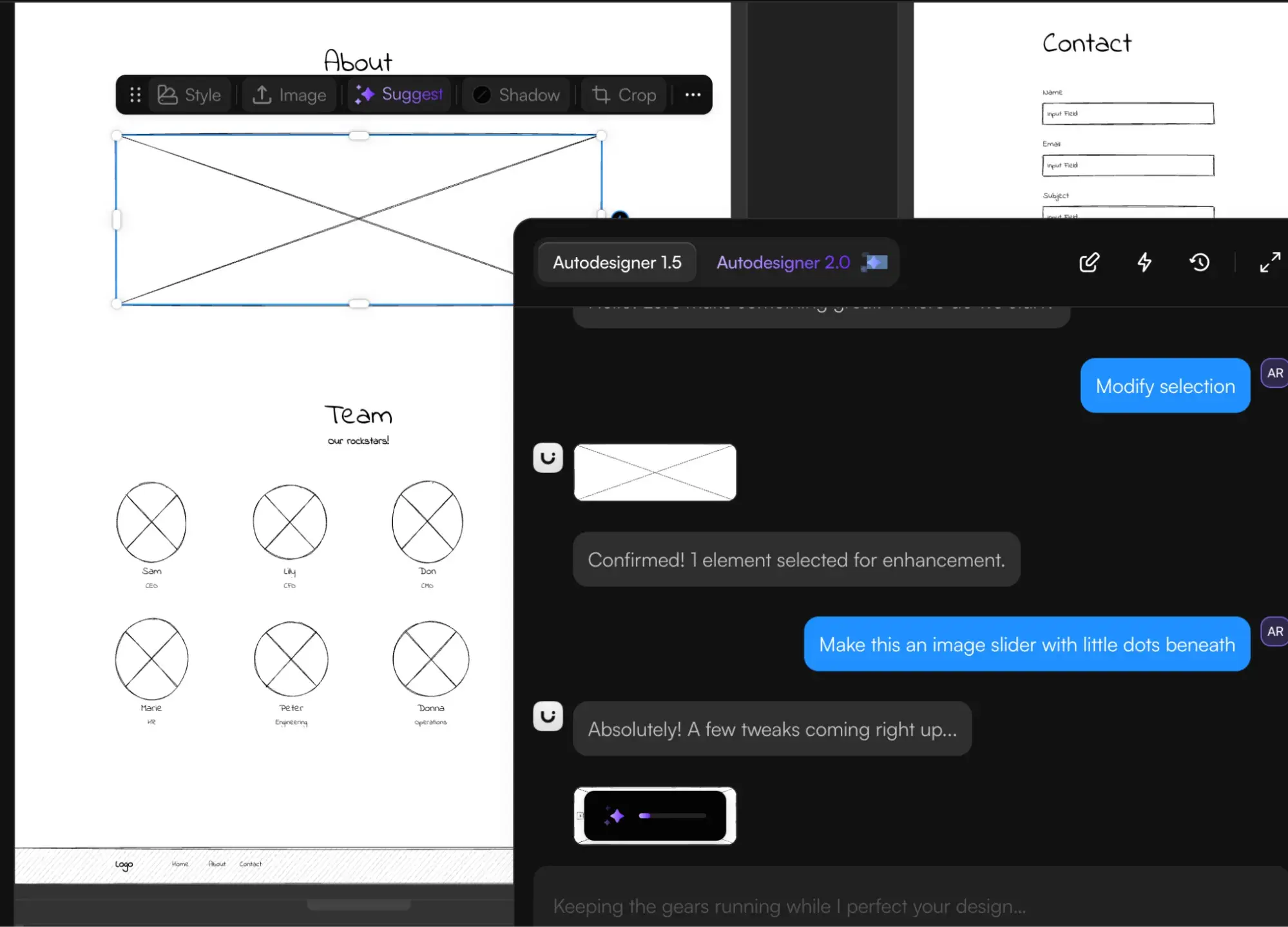 wireframes edited with uizard ai converting a static hero image into an image slider using a text prompt