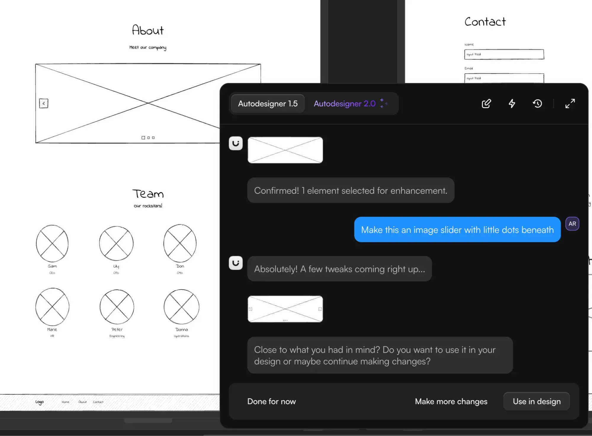 wireframes updated in uizard showing the ai-generated image slider result on the homepage hero section