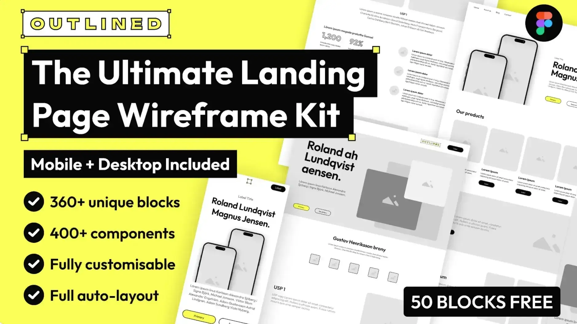 wireframes kit for landing pages in figma with saas-style and product-style page layout templates and component variants