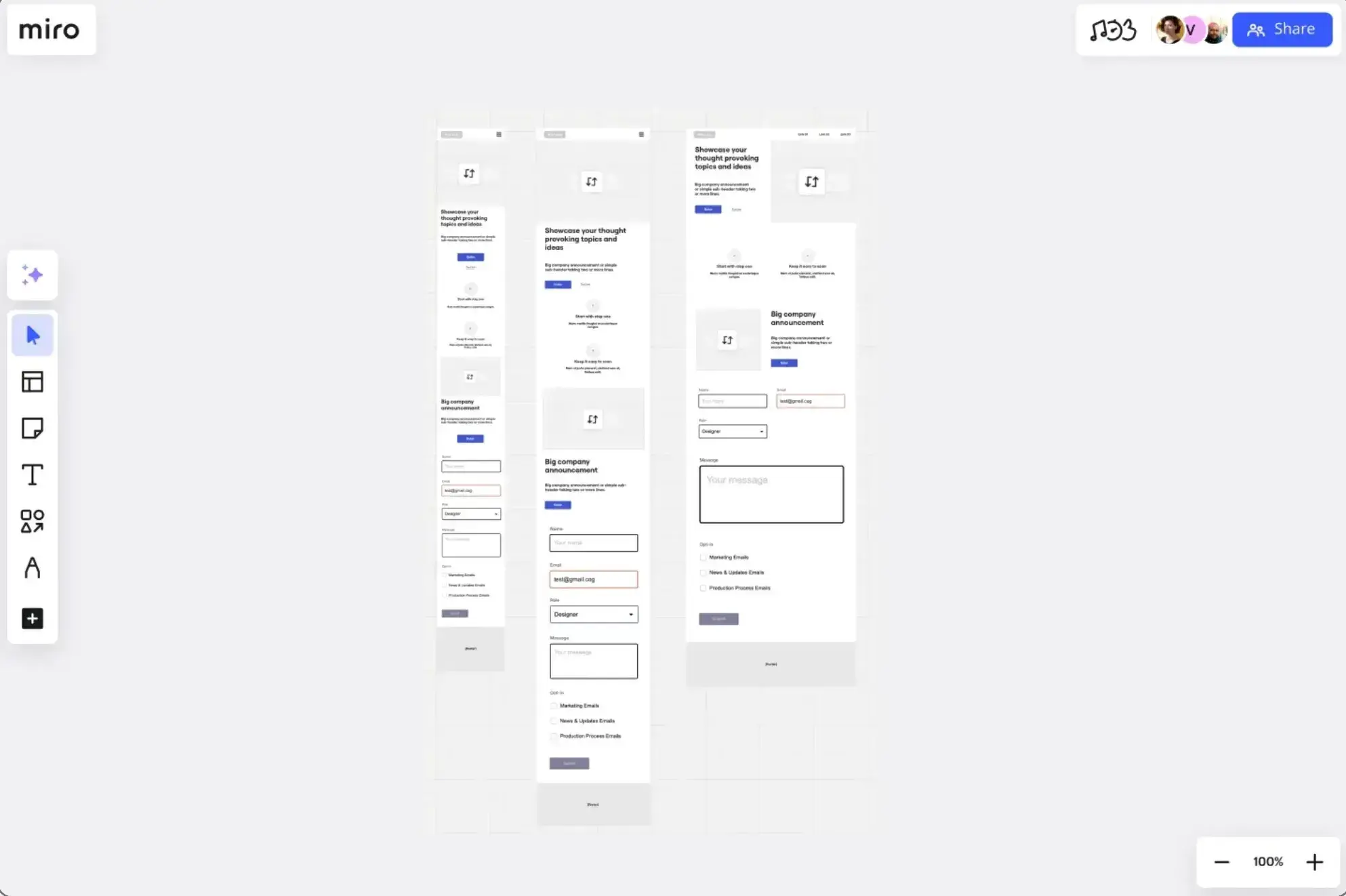 wireframes template from miro showing mid-fidelity responsive layouts for desktop and mobile website designs