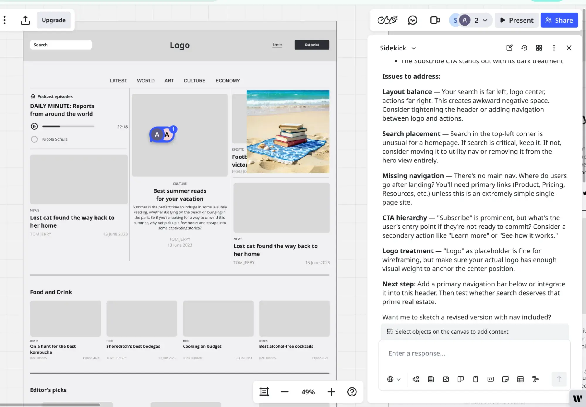 wireframes feedback from miro ai sidekick chatbot providing suggestions to improve a homepage wireframe layout