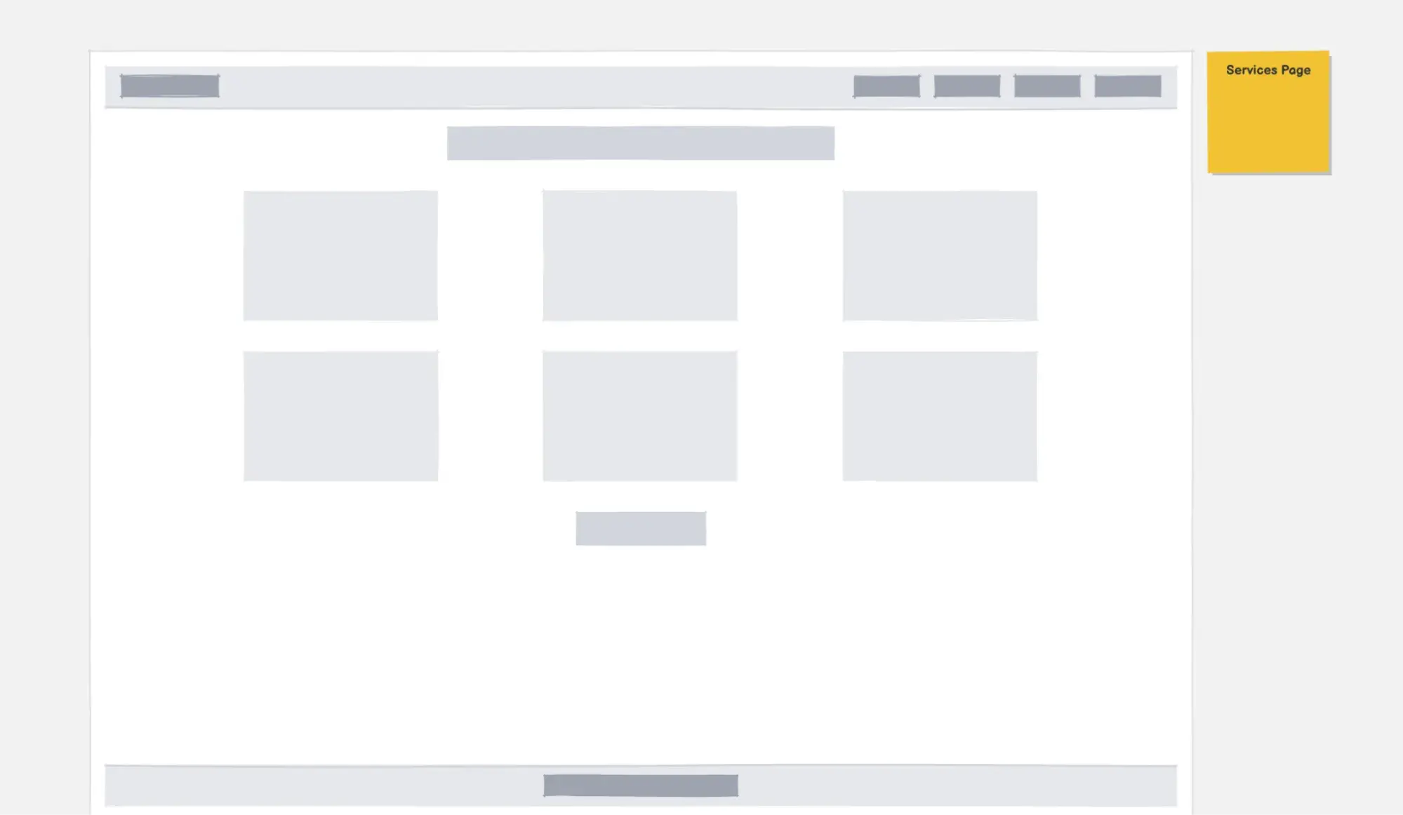 wireframes for a services page built in balsamiq with low-fidelity content blocks, navigation bar, and call-to-action buttons