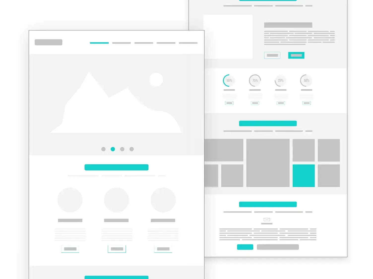 low-fidelity wireframes for a landing page layout with turquoise accent color on buttons and content sections