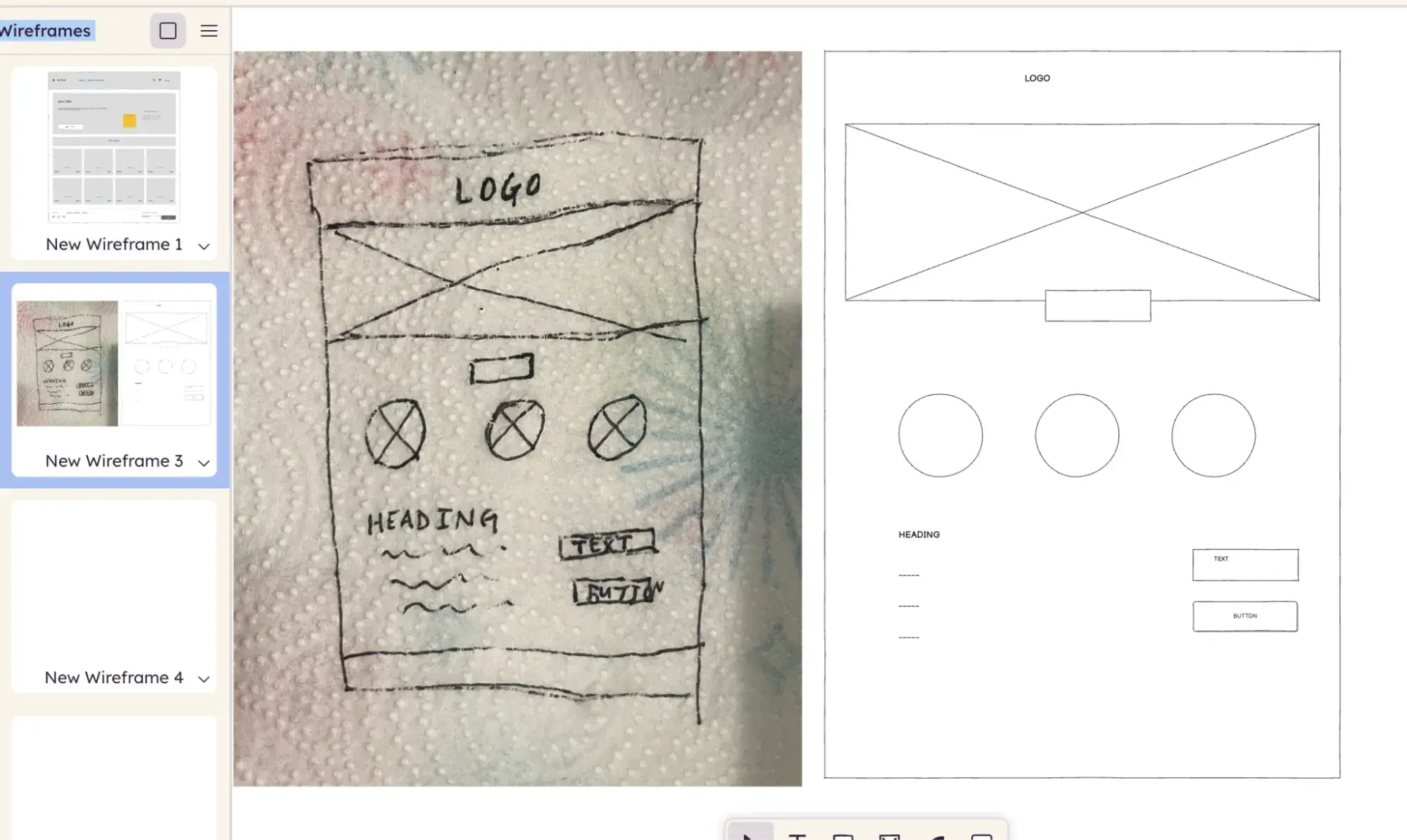 balsamiqs image to wireframe (beta) tool with an image of a website wireframe sketched onto a paper towel, and an ai-generated digital wireframe to its right