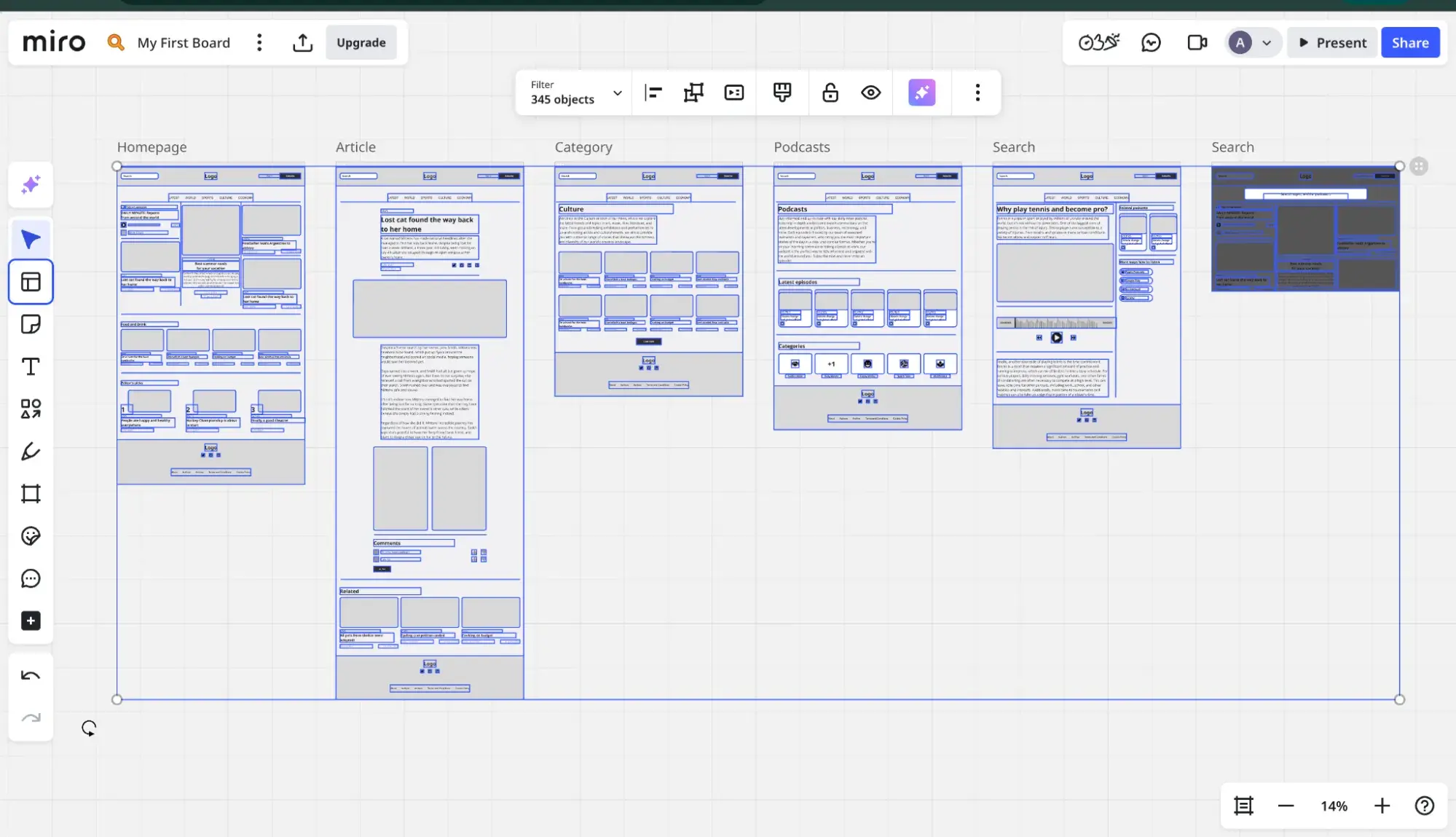 multiple miro website wireframes on a board within the tool