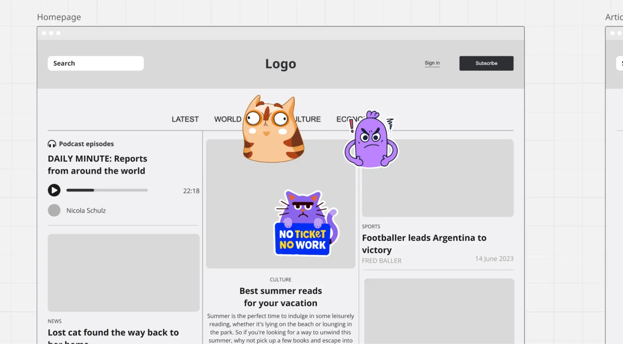 a miro wireframe of a website with three stickers on it, including two cats